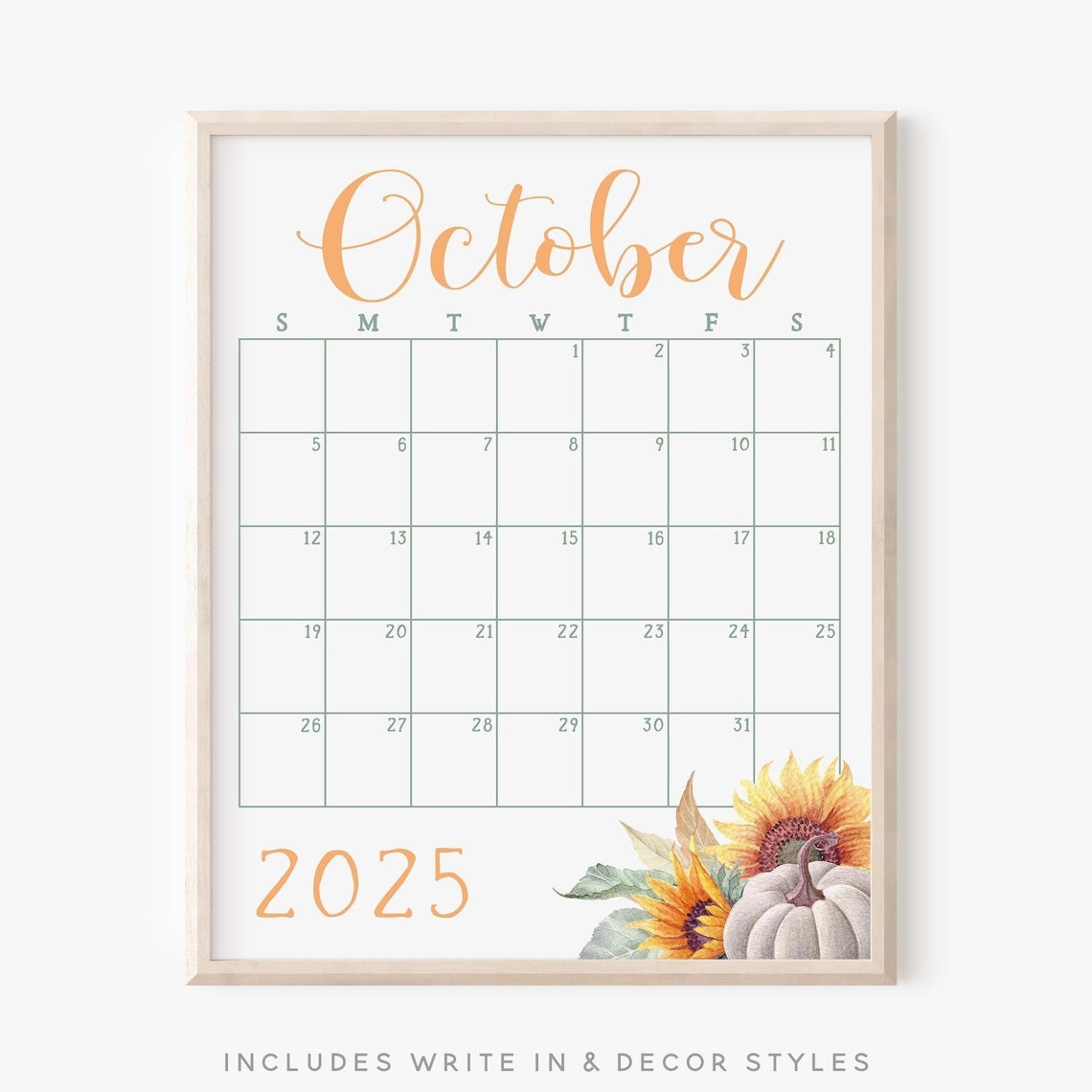 October 2025 Calendar Pumpkin Sunflower Fall Monthly Planner Wall Art