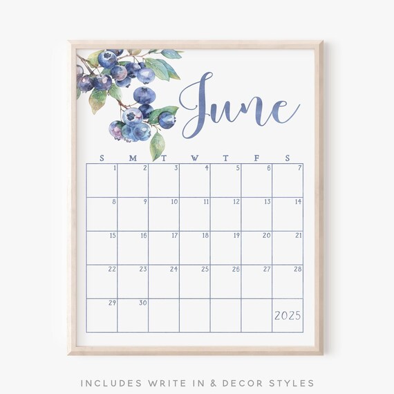 June 2025 Calendar Blueberry Watercolor Summer Monthly Planner Print