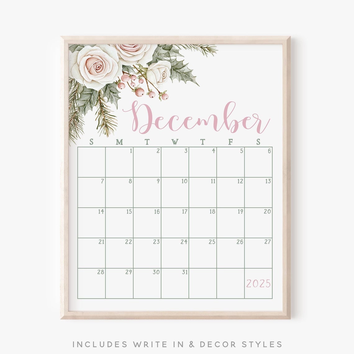 December 2025 Calendar Pink Roses Holly Blush Floral Wall Planner