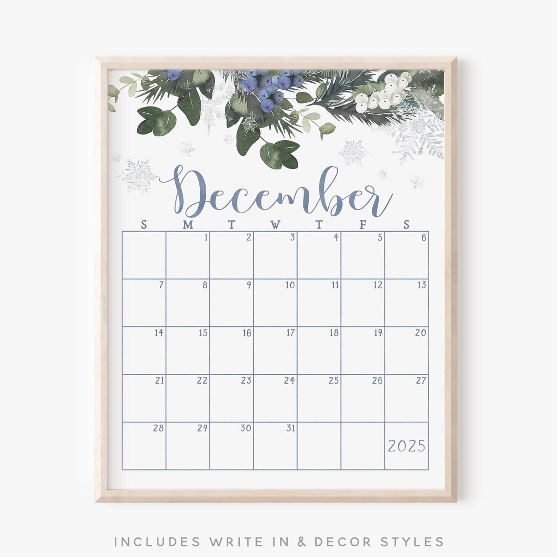 December 2025 Calendar Blue Berries Snowflakes Winter Botanical Print