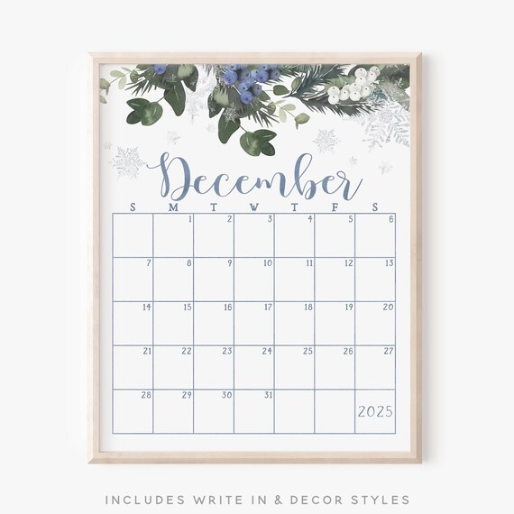 December 2025 Calendar Blue Berries Snowflakes Winter Botanical Print