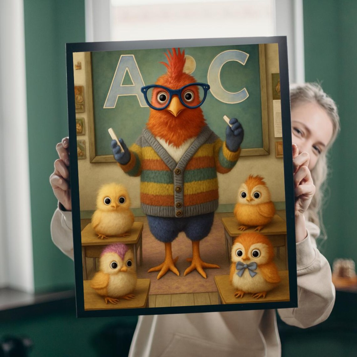 Whimsical Chicken Teacher With Baby Chicks ABC Classroom Poster