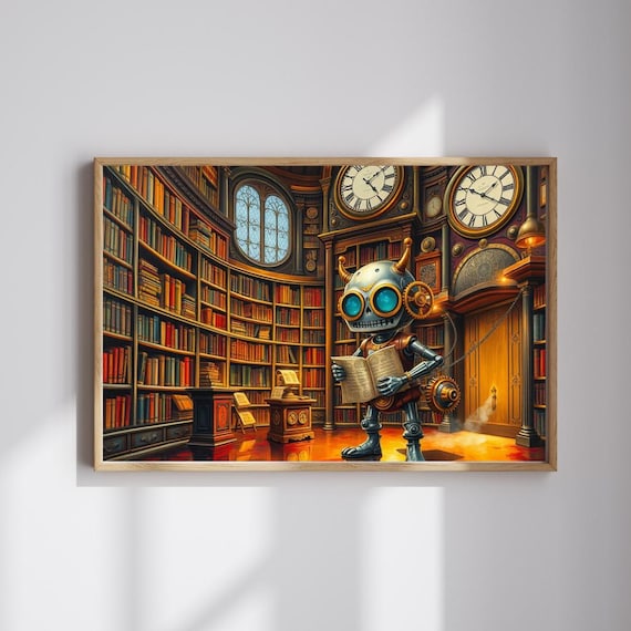 Steampunk Robot Reading Grand Vintage Library Clock Art Print