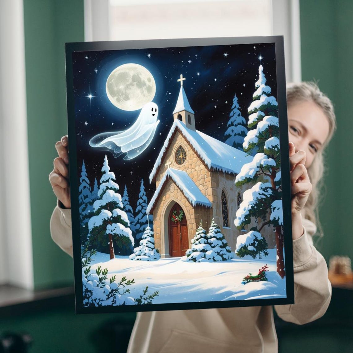 Friendly Ghost at Snowy Church Quiet Winter Moonlit Night Poster