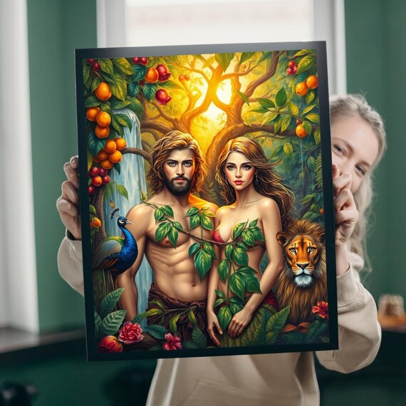 Adam And Eve Garden Of Eden Peacock Lion Biblical Story Art Print