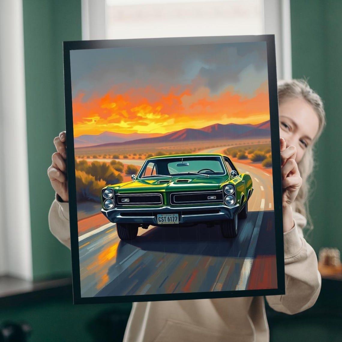 Green Pontiac GTO Front View Desert Highway Sunset Classic Car Poster
