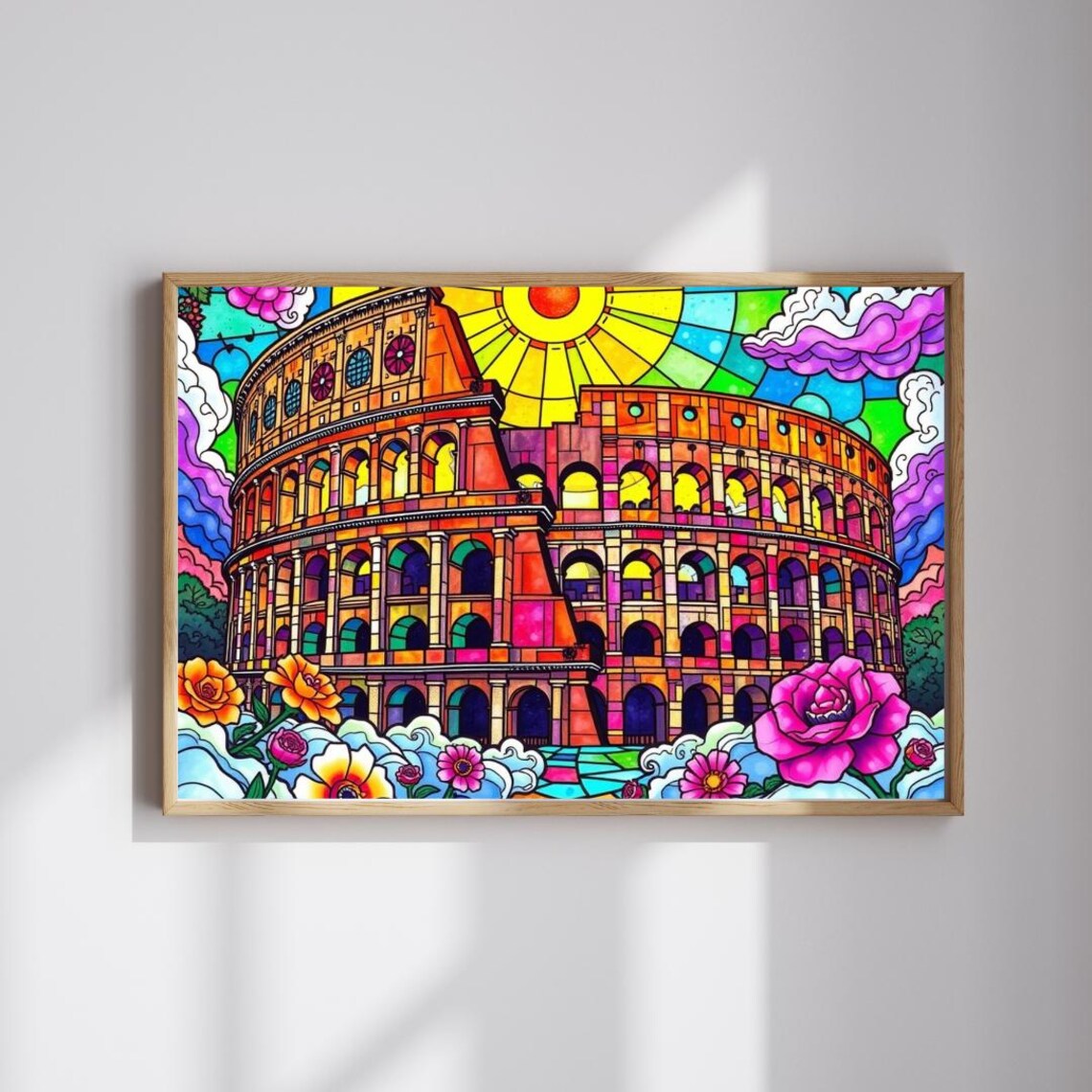 Rome Colosseum Stained Glass Style Colorful Ancient Landmark Poster