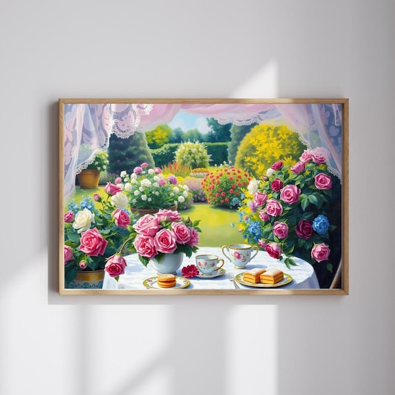 Rose Garden Tea Party Teacups Cakes Cottage Floral Scene Poster