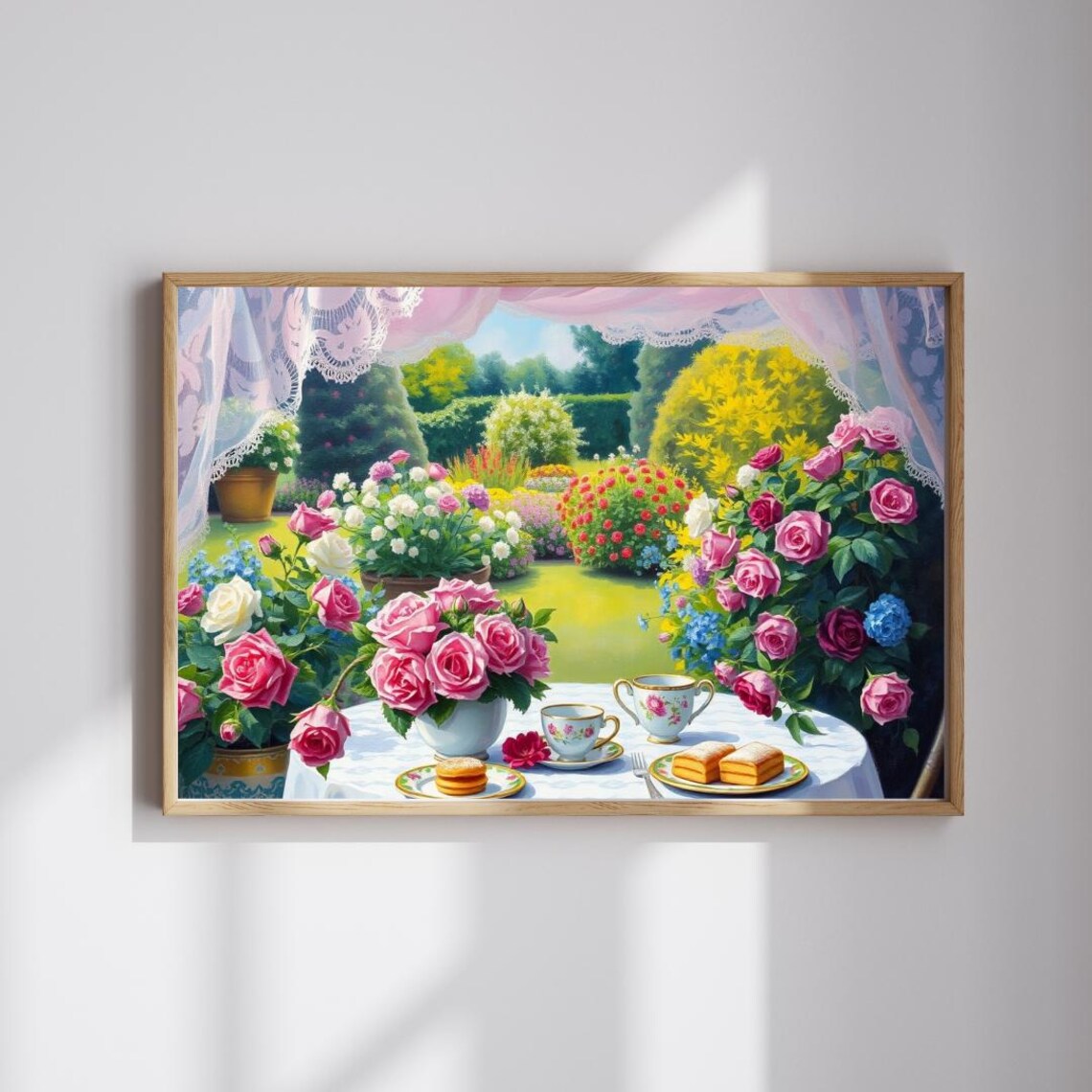 Rose Garden Tea Party Teacups Cakes Cottage Floral Scene Poster