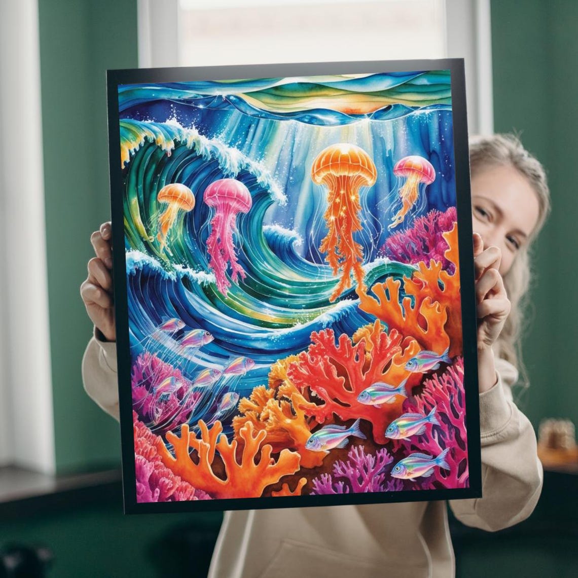 Psychedelic Ocean Jellyfish Wave Coral Reef Surreal Underwater Poster