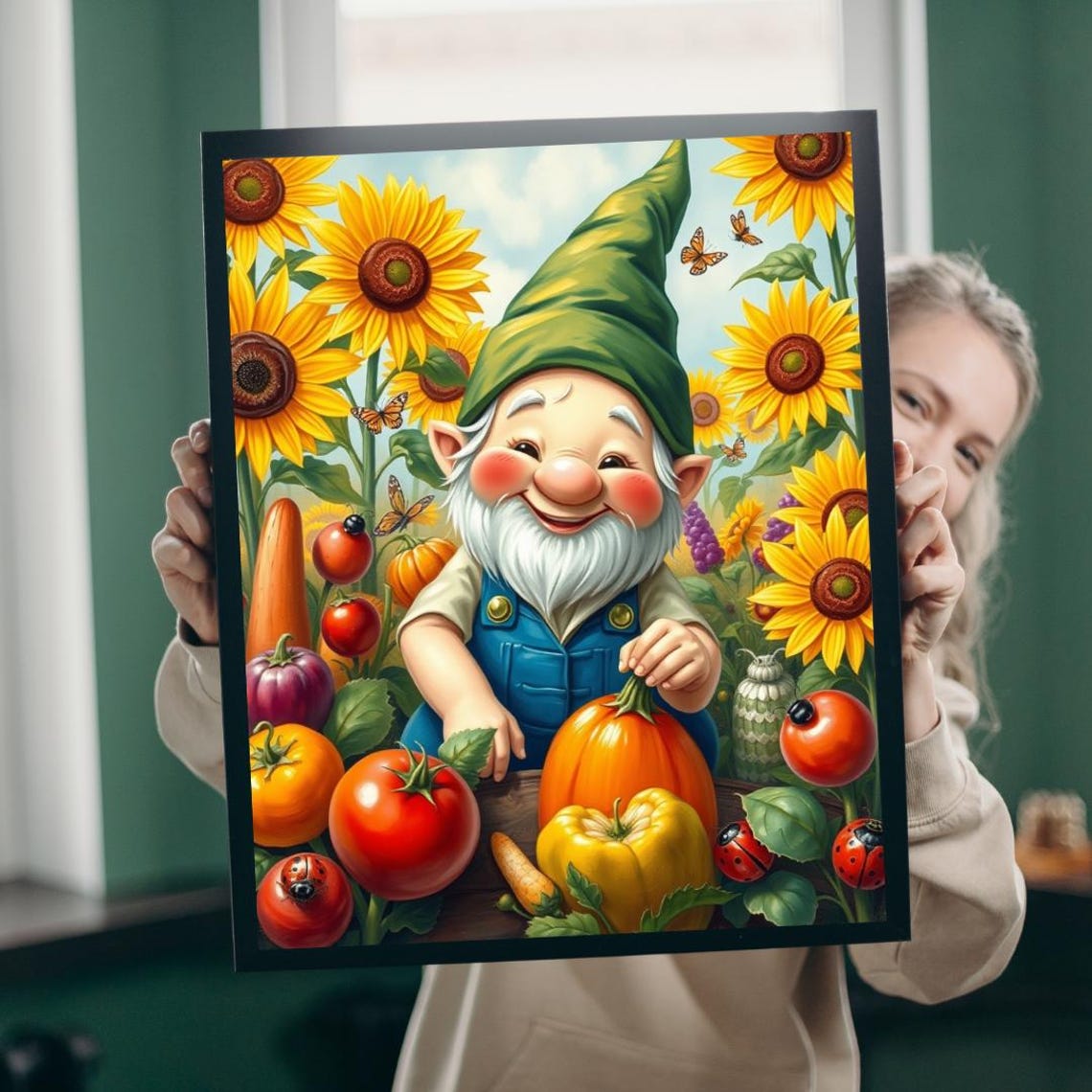 Garden Gnome Sunflower Patch Harvest Vegetables Whimsy Art Poster