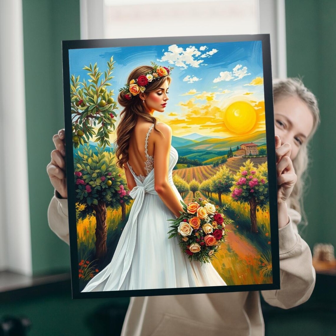 Romantic Bride With Flower Crown And Bouquet In Orchard Sunset Art Poster