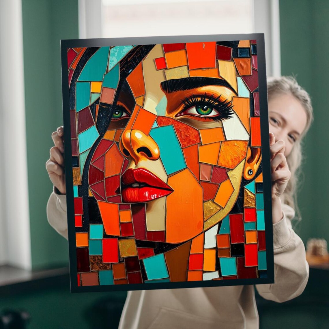 Colorful Mosaic Woman Portrait Poster Abstract Fragmented Face Tile Art