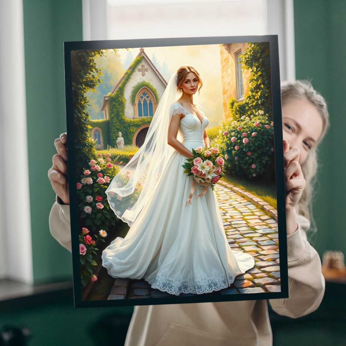 Elegant Bride With Rose Bouquet By Ivy Covered Church Garden Art Poster
