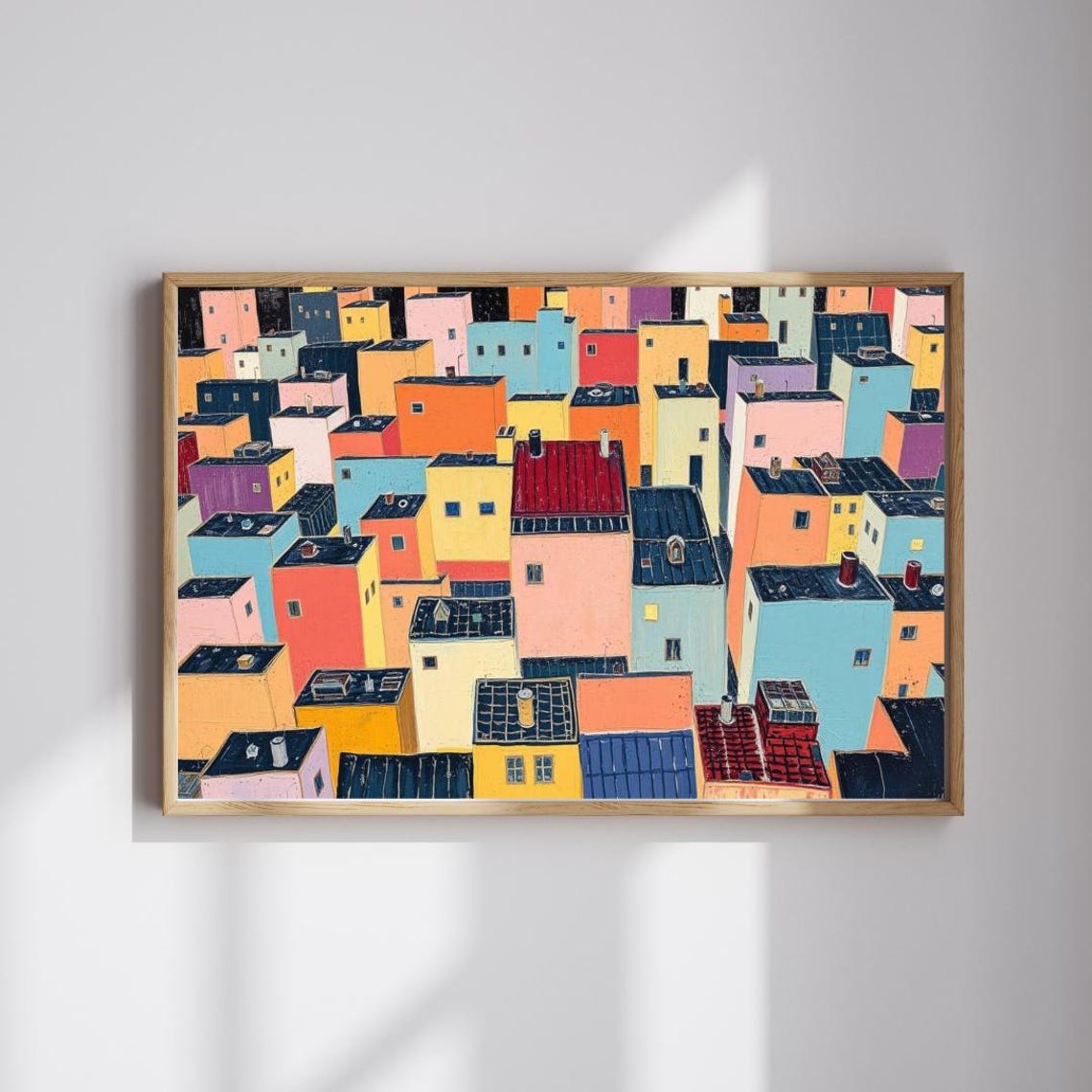 Colorful City Rooftops Aerial Geometric Whimsical Urban Art Print