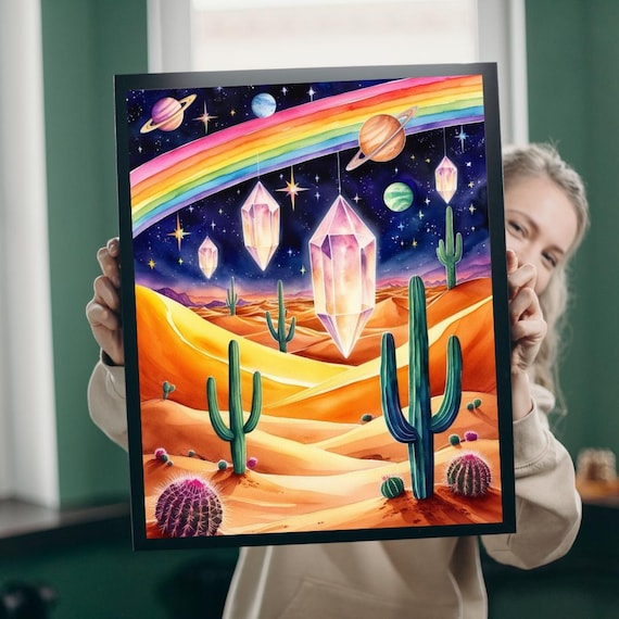 Cosmic Desert Crystals Rainbow Planets Cactus Psychedelic Art Poster