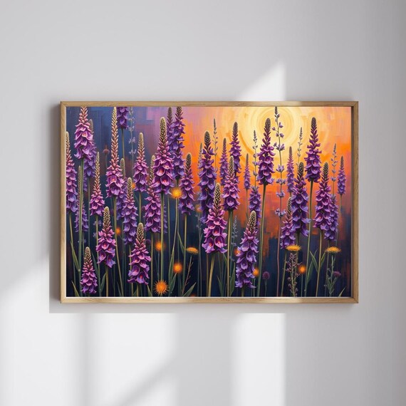 Purple Foxglove Flowers At Sunset Golden Sky Floral Art Poster