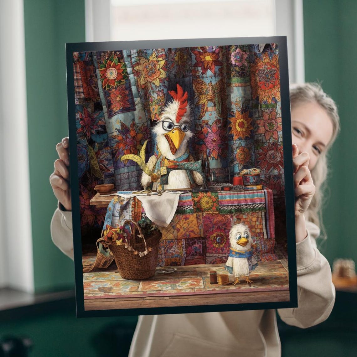 Whimsical Chicken Tailor With Glasses Patchwork Quilt Shop Poster