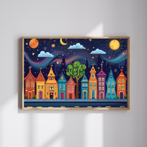 Whimsical Night Town Colorful Cartoon Houses Moon Stars Village Poster