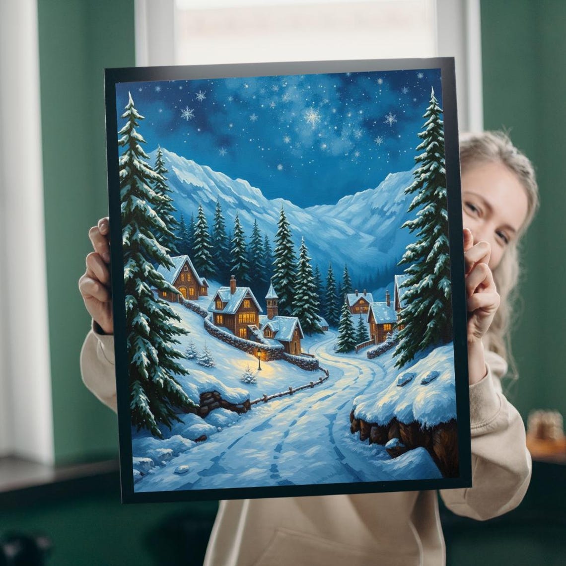 Snowy Village Glowing Cabins Starry Winter Night Calm Poster