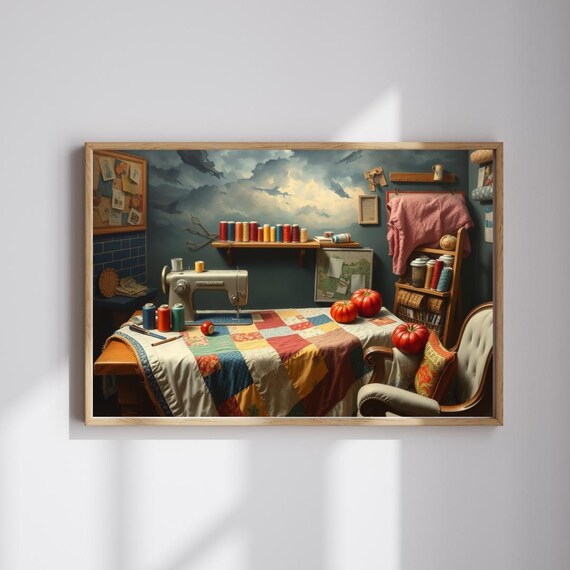 Cozy Sewing Room Vintage Machine Quilt Craft Room Scene Poster