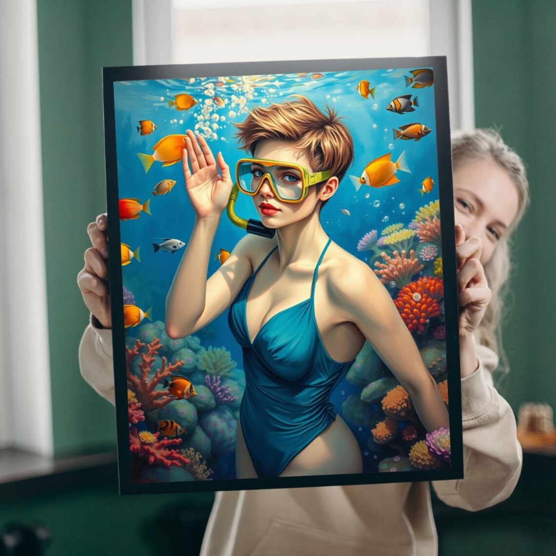 Snorkeling Woman Art Print, Ocean Lover Gift