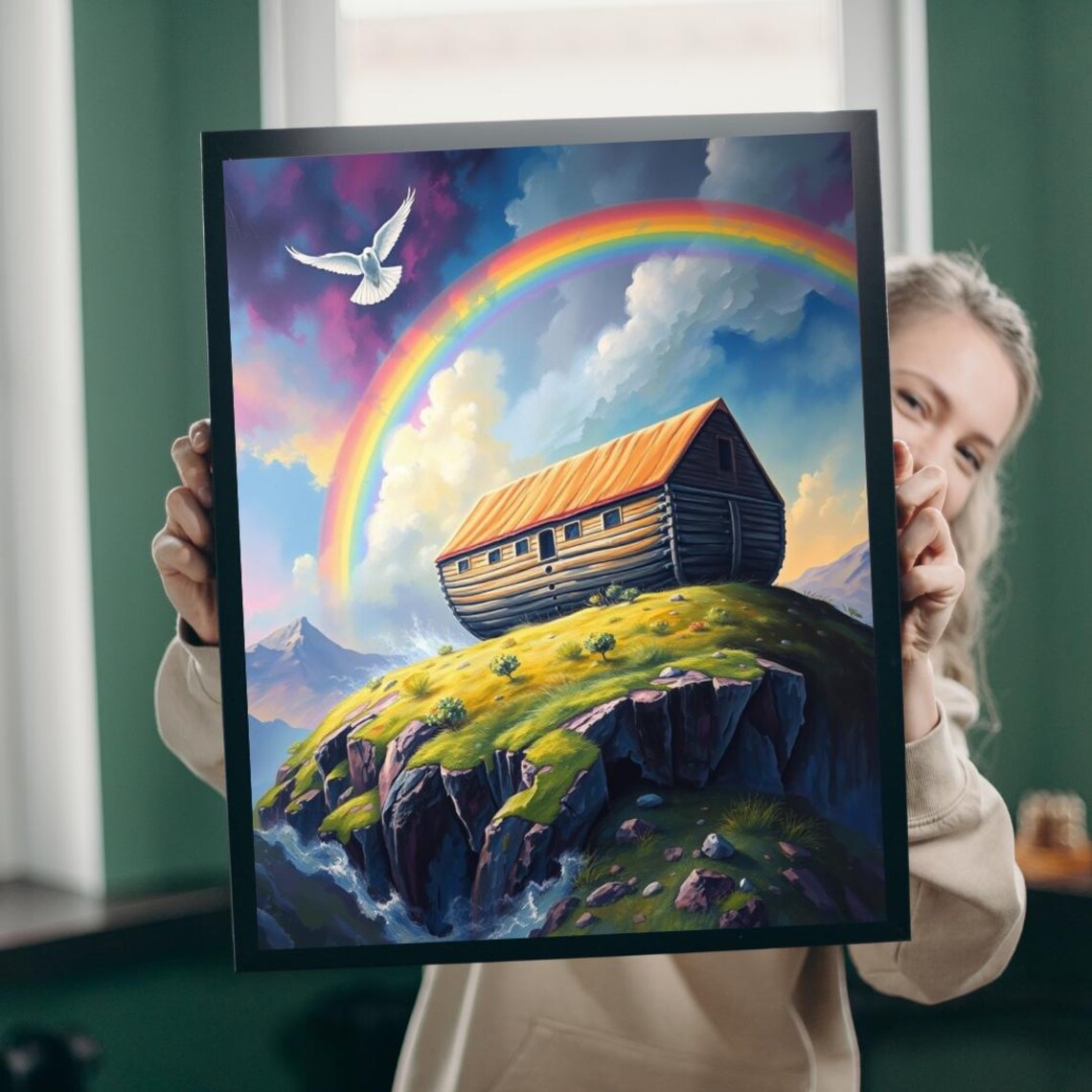 Noahs Ark Rainbow Dove Mount Ararat Biblical Flood Story Art Poster