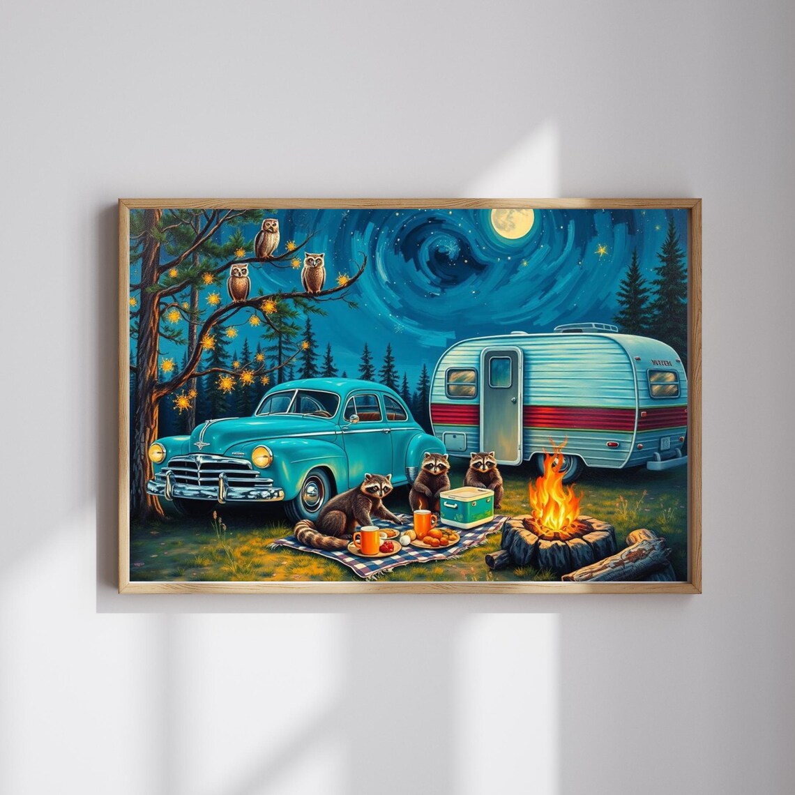 Starry Night Camping Vintage Car Camper Raccoons Owls Moon Poster