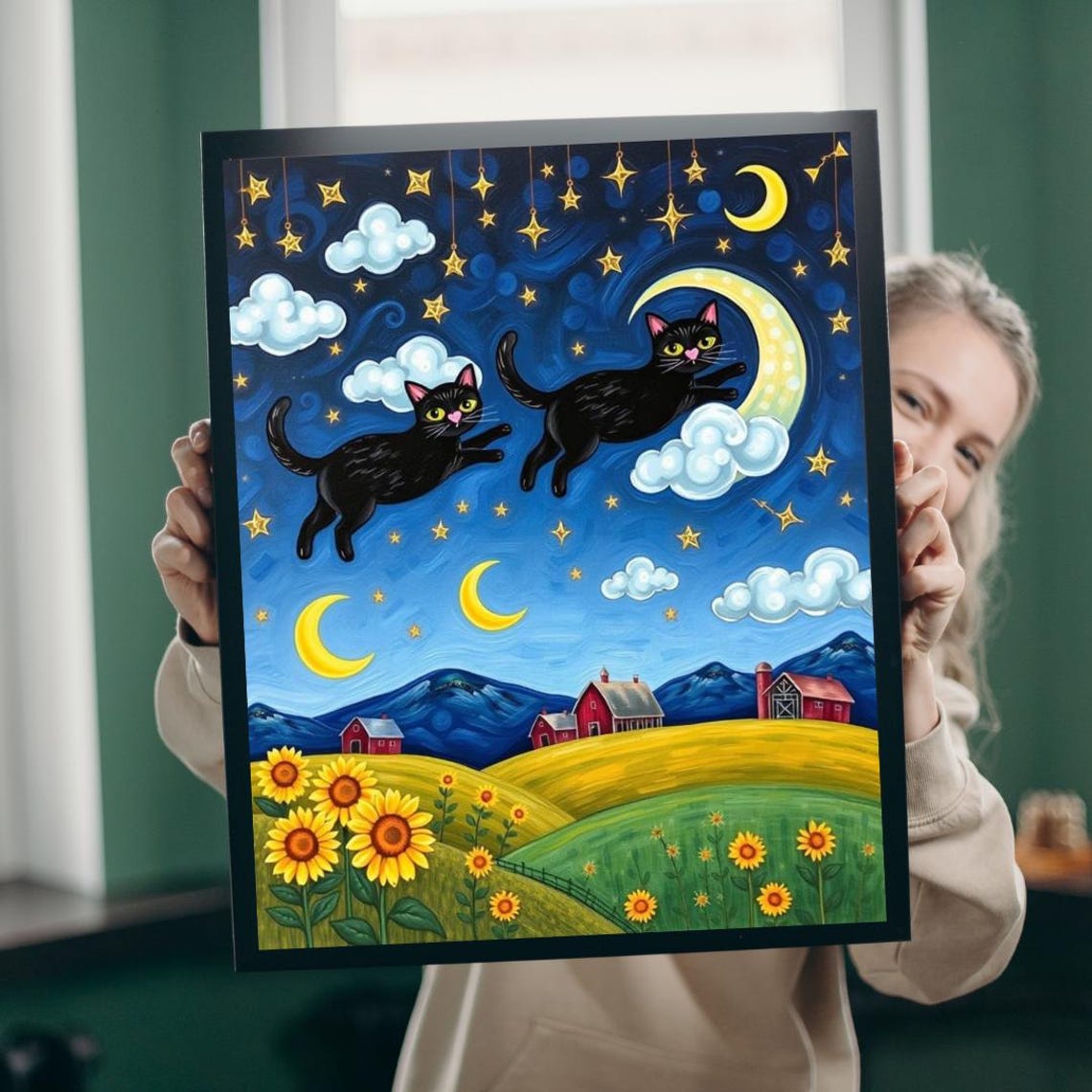 Black Cats Leaping In Starry Night Sky Farm Sunflowers Poster