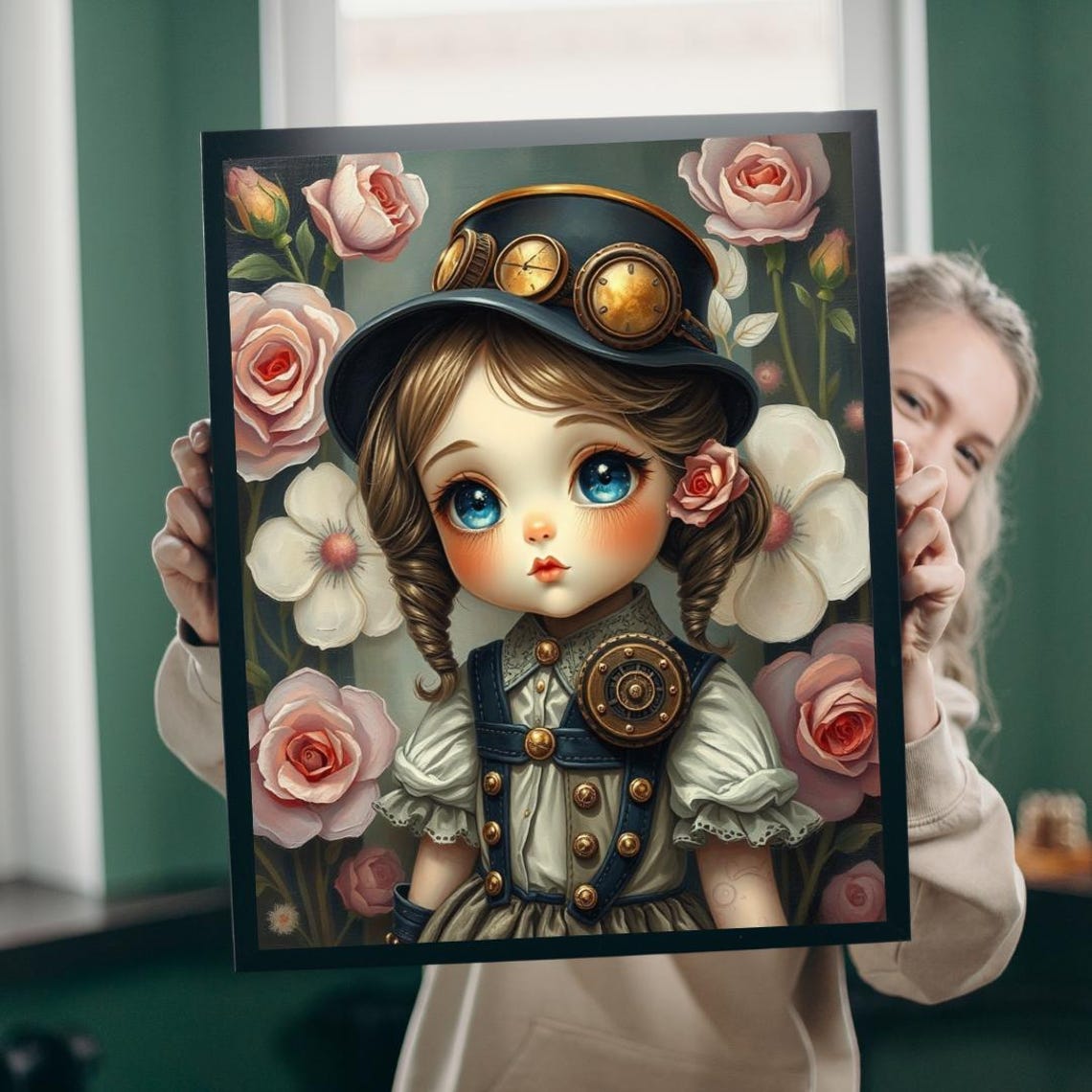 Steampunk Girl Big Blue Eyes Roses Victorian Fantasy Portrait Poster