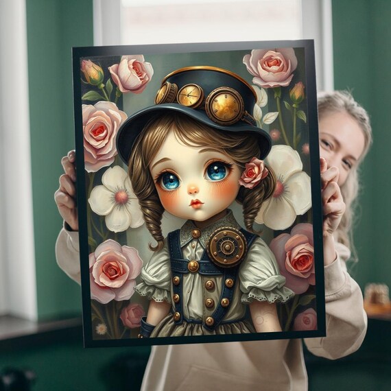 Steampunk Girl Big Blue Eyes Roses Victorian Fantasy Portrait Poster