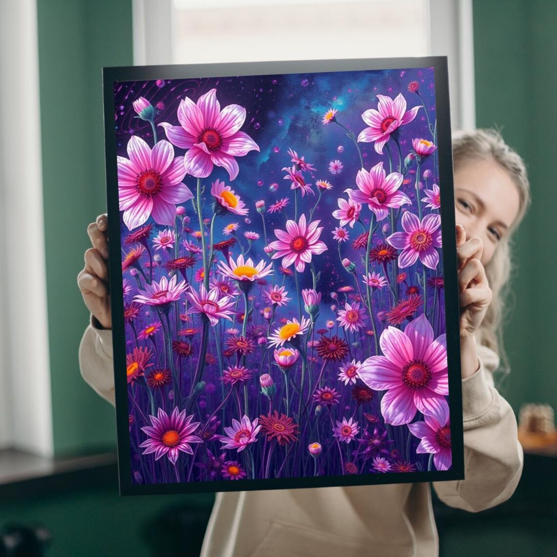 Pink Daisy Night Sky Blooming Wildflower Botanical Floral Wall Art