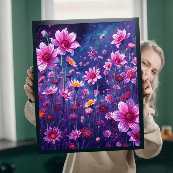 Pink Daisy Night Sky Blooming Wildflower Botanical Floral Wall Art