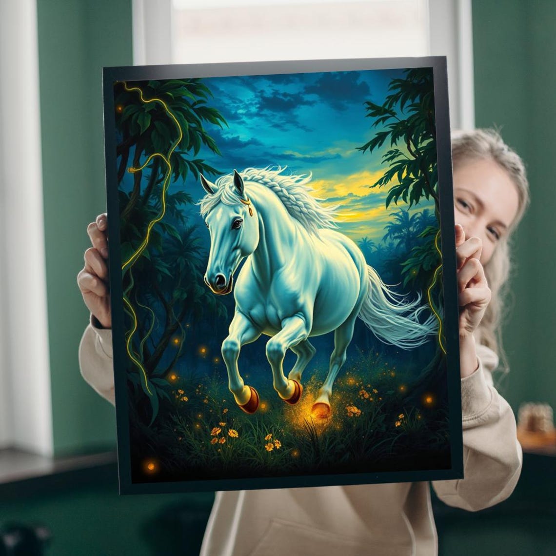 White Horse Galloping Through Moonlit Jungle With Fireflies Poster