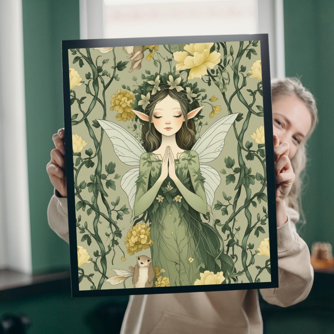 Praying Forest Fairy Botanical Fantasy Girl Flower Garden Art Poster