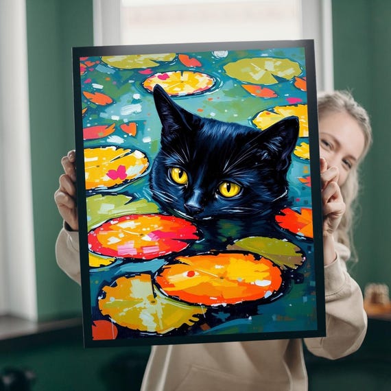 Black Cat Golden Eyes Lily Pads Vibrant Colorful Pond Art Poster