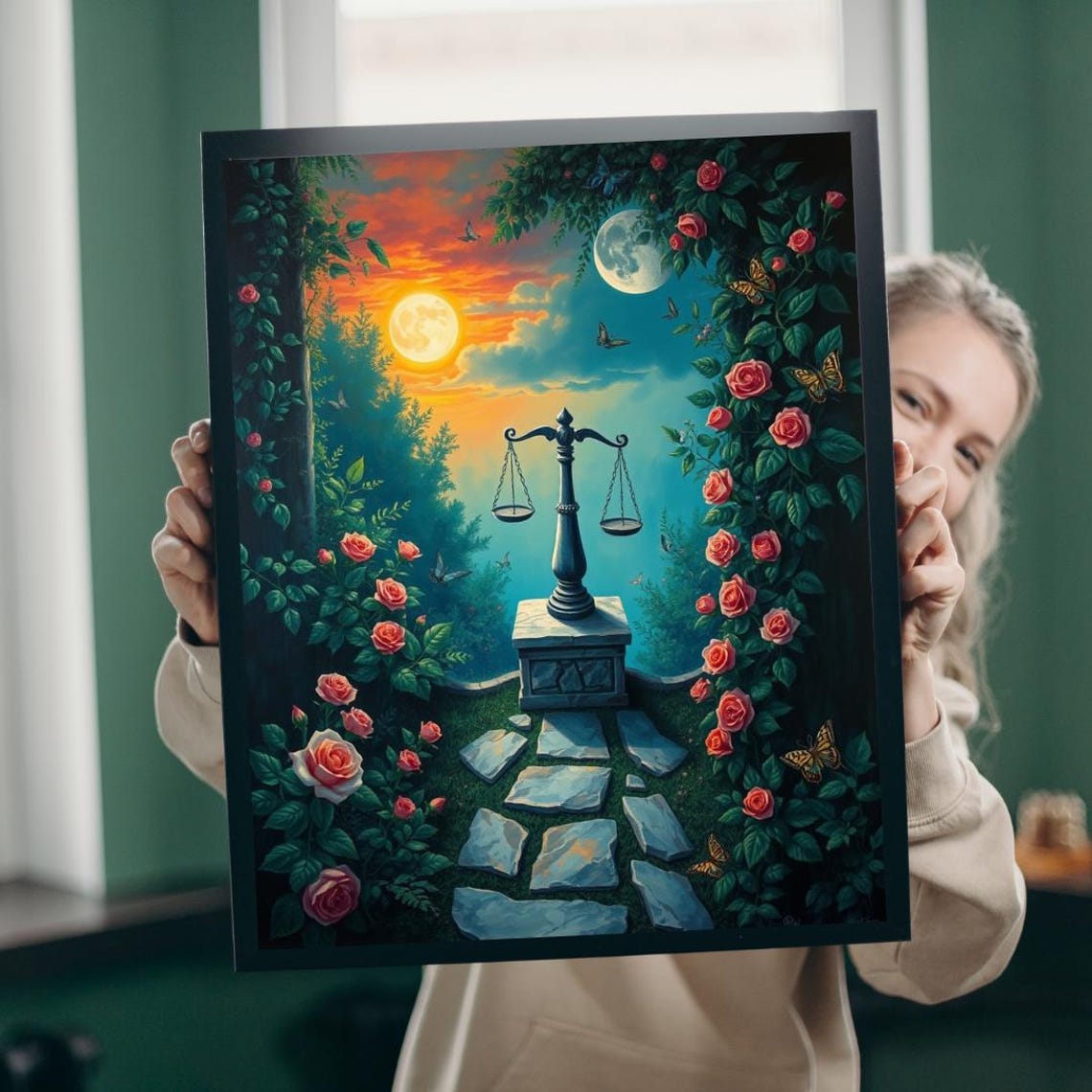 Libra Zodiac Scale Moonlit Rose Garden Sun Moon Balance Poster Art
