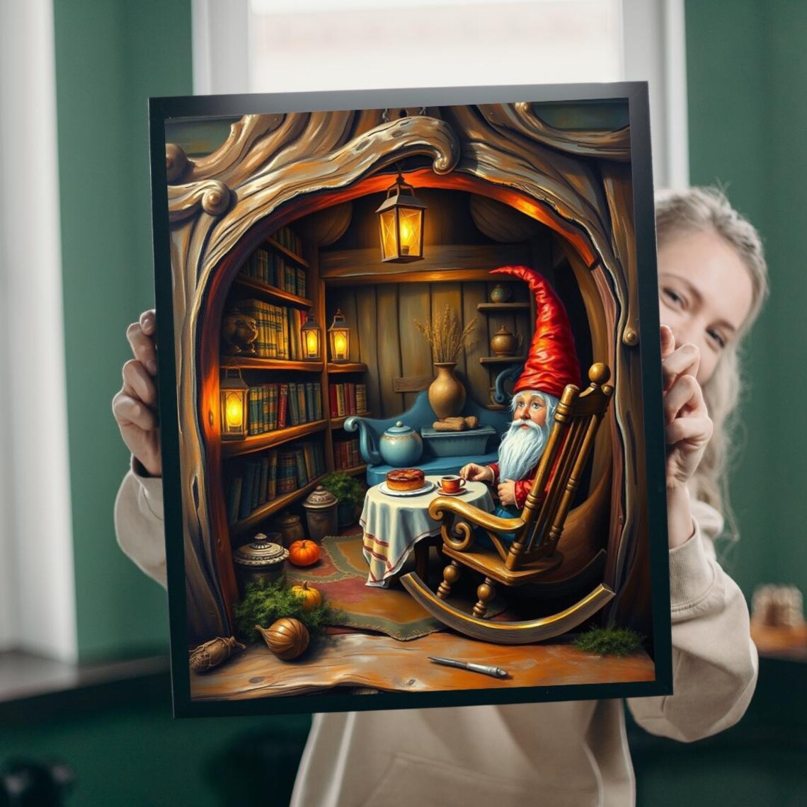 Gnome Home Fantasy Oak Trunk Scene Art Print
