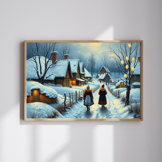 Snowy Ukrainian Village Winter Cottages Folk Travelers Scene Wall Poster