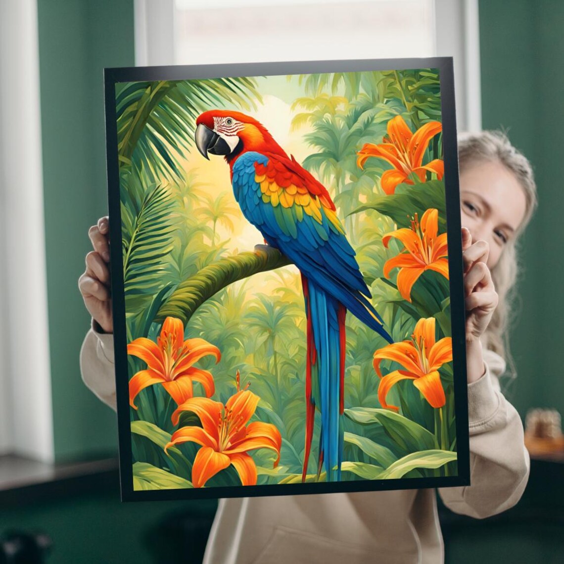 Scarlet Macaw Parrot Tropical Orange Tiger Lilies Jungle Poster