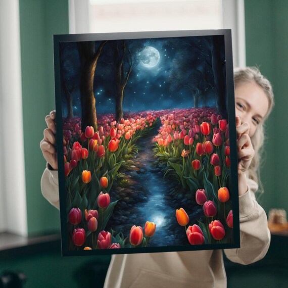 Moonlit Tulip Field Night Path Magical Red Flowers Full Moon Art Poster