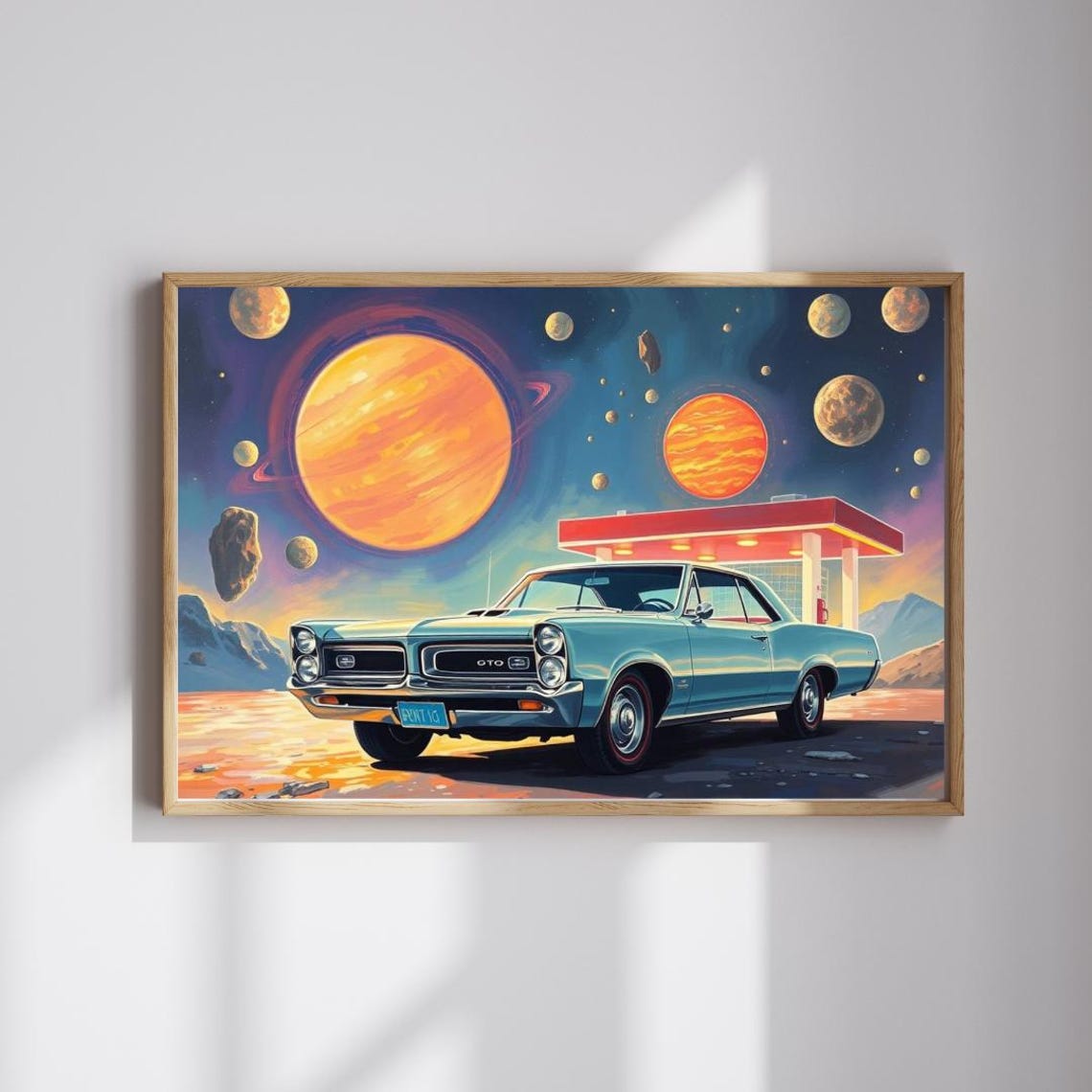 Pontiac GTO Space Gas Station Alien Planet Retro Car Art Poster