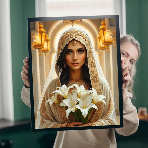 Middle Eastern Bride White Veil Lilies Wedding Portrait Poster