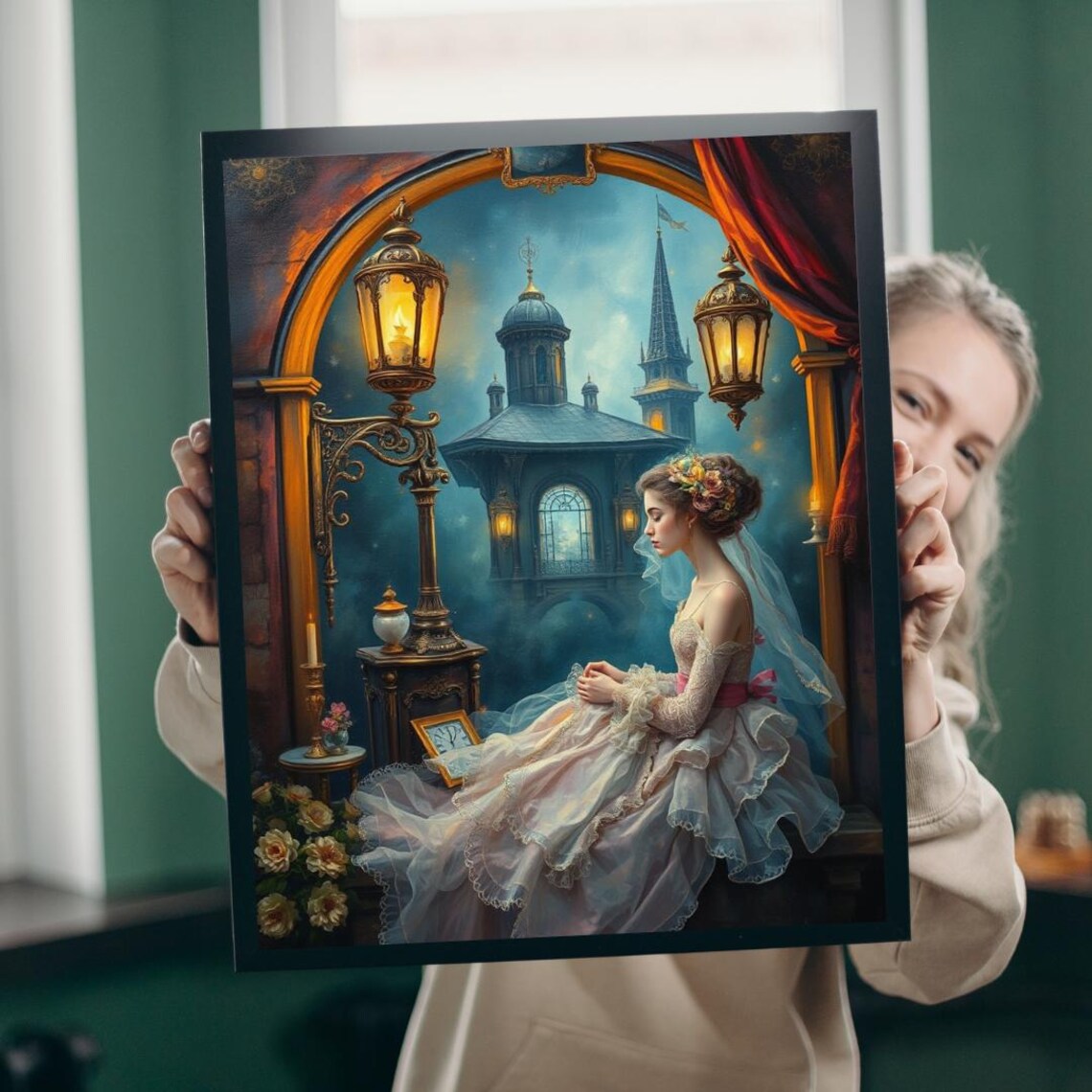 Victorian Woman Lace Gown Lantern Night Scene Romance Art Poster