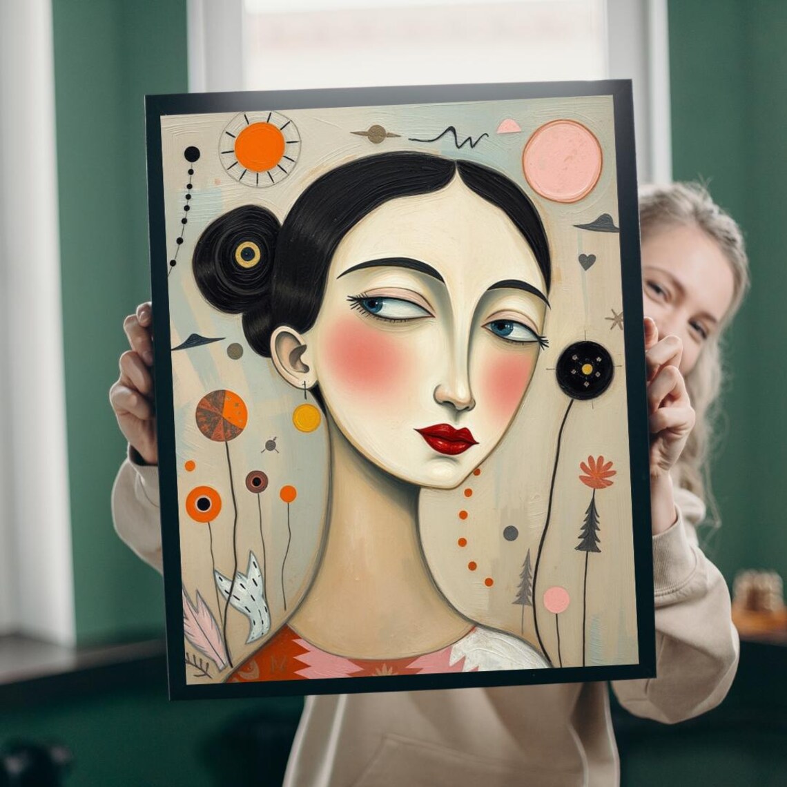 Whimsical Woman Portrait Sun Stars Celestial Folk Art Modern Art Poster