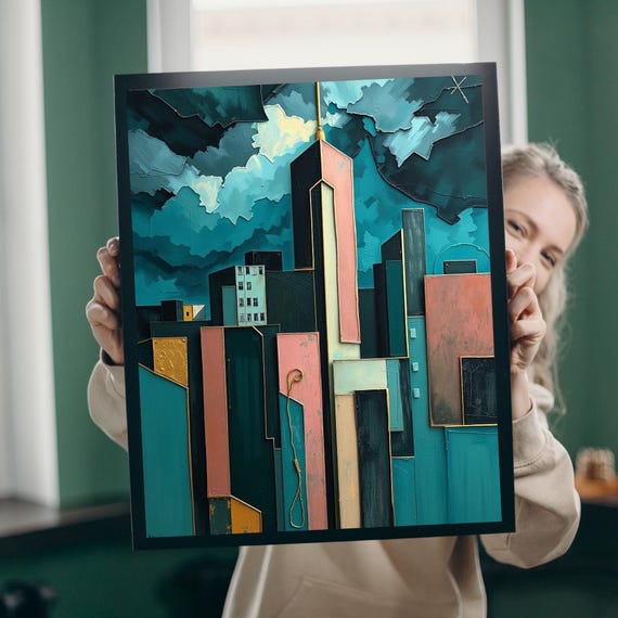 Abstract Cityscape Jigsaw Puzzle Metallic Teal Geometric Art