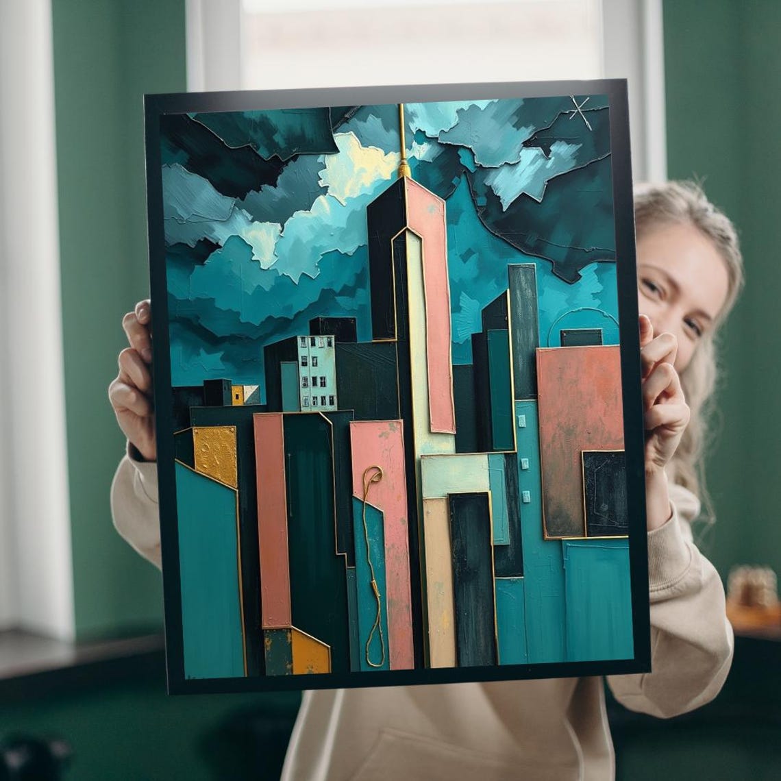 Abstract Teal Cityscape Gold Accents Stormy Sky Geometric Art Poster