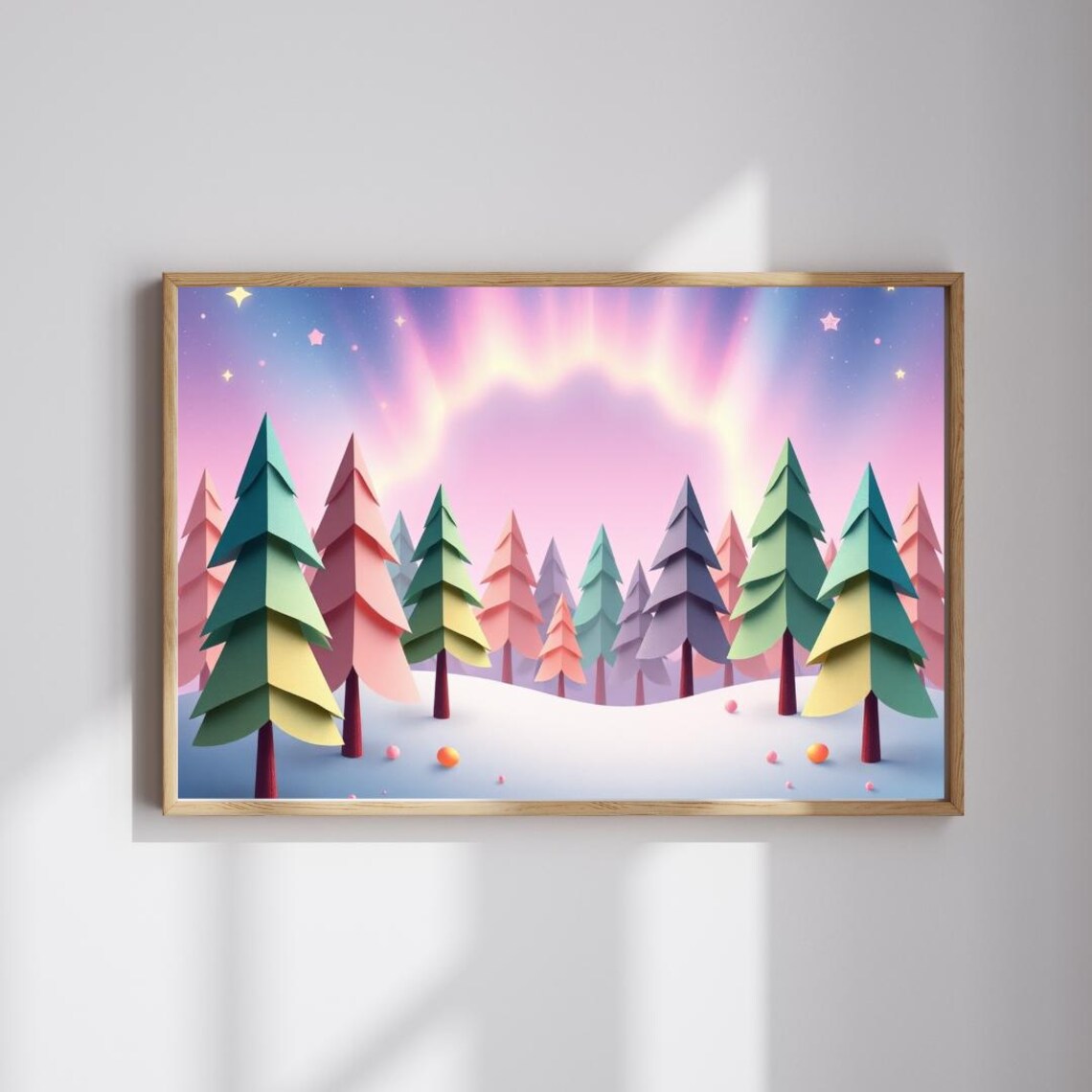 Paper Cut Forest Aurora Sky Pastel Pine Trees Winter Wonderland Art Poster