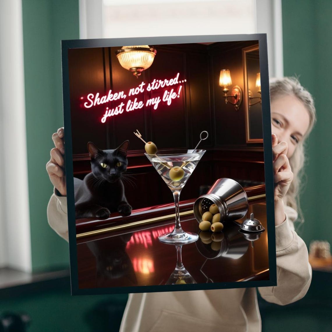 Black Cat Martini Bar Neon Quote Funny Cocktail Lounge Wall Art
