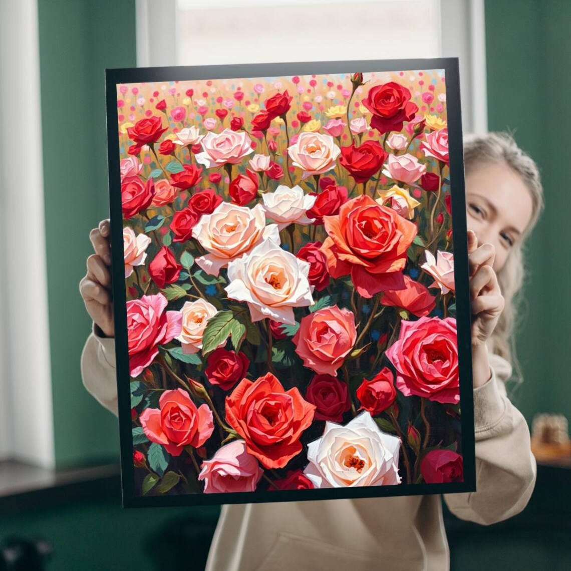 Red And White Roses Blooming Floral Garden Romantic Painting Art Poster